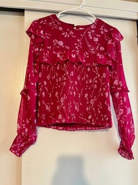 Wayf Fuchsia Floral Ruffle Smocked Blouse